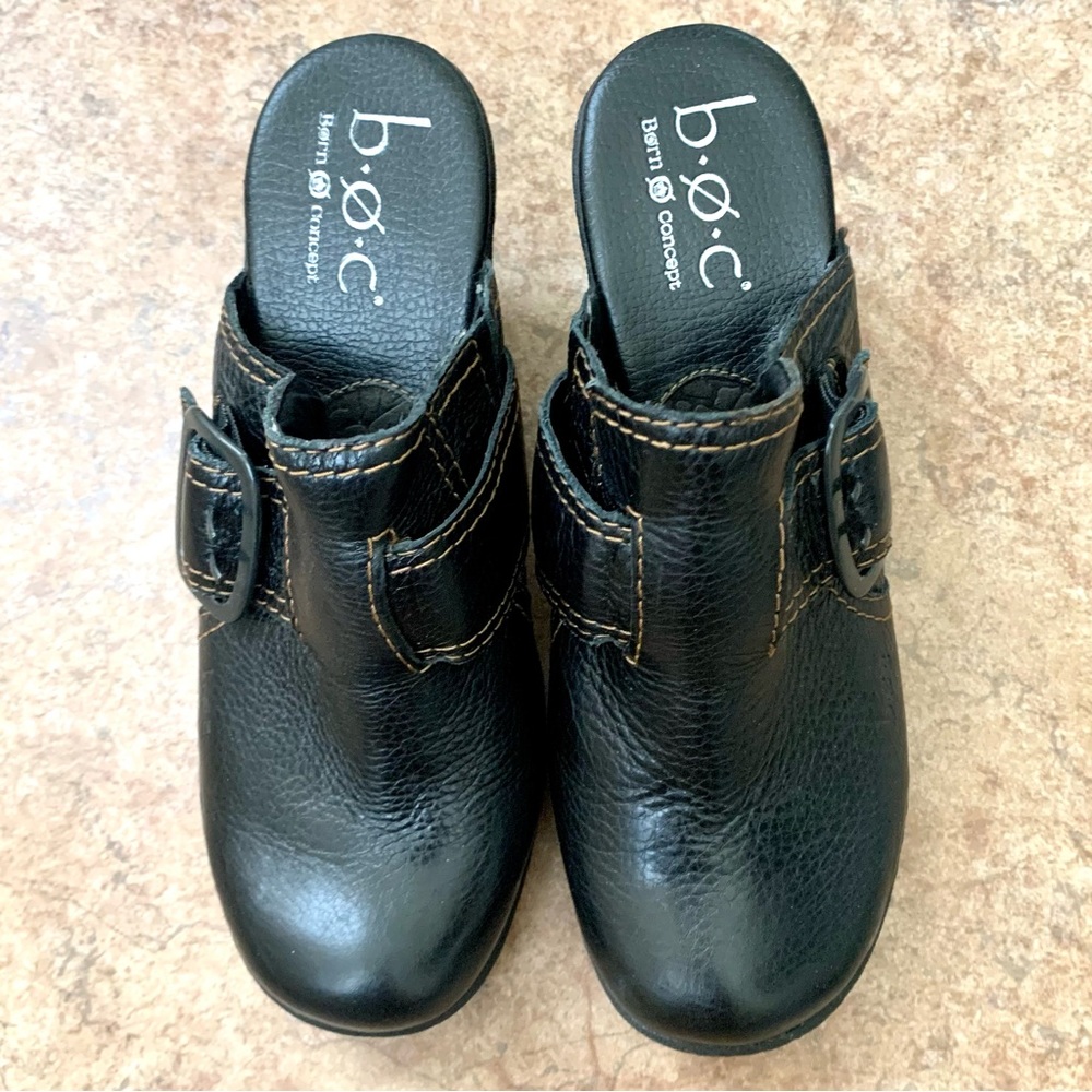 B.O.C. Born Concept Black Leather Mules Clogs with Buckle -Worn only once